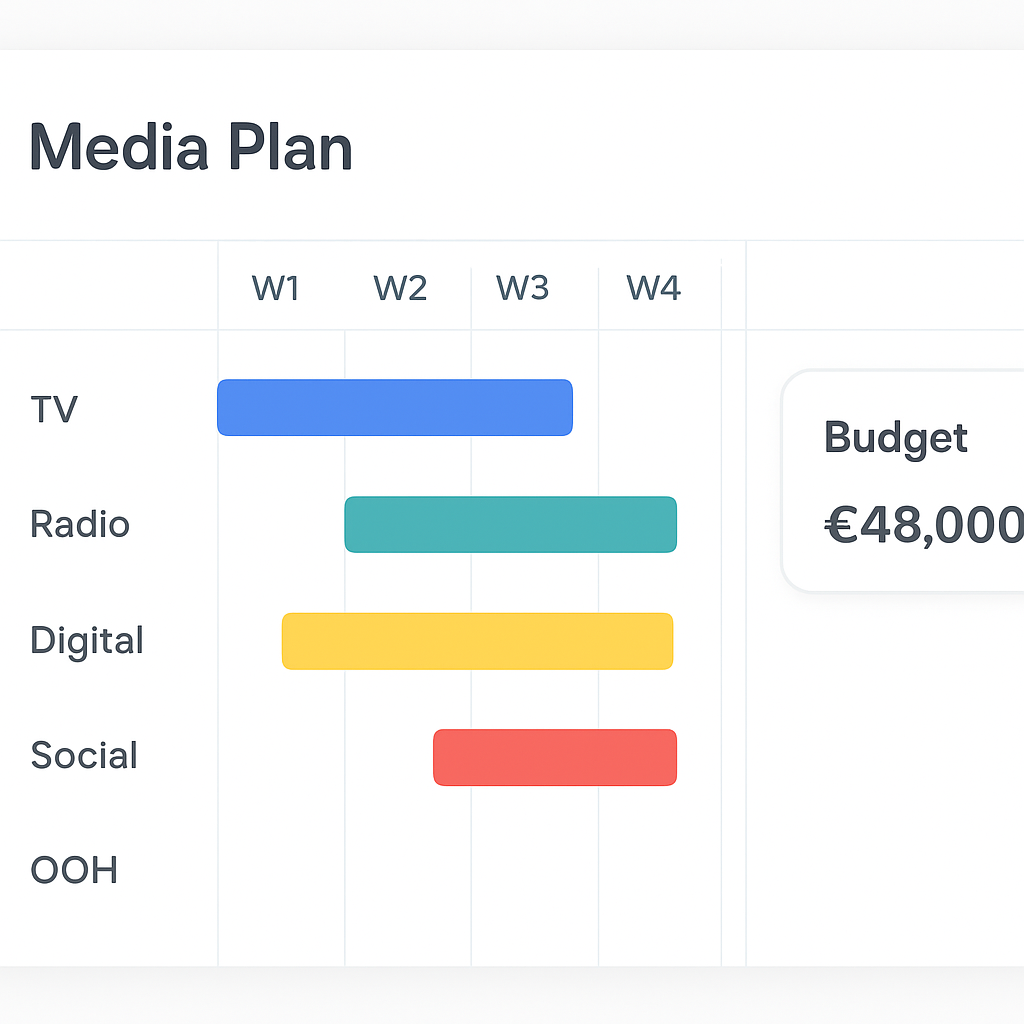 Platvorm media planning dashboard with a multi-channel campaign timeline
