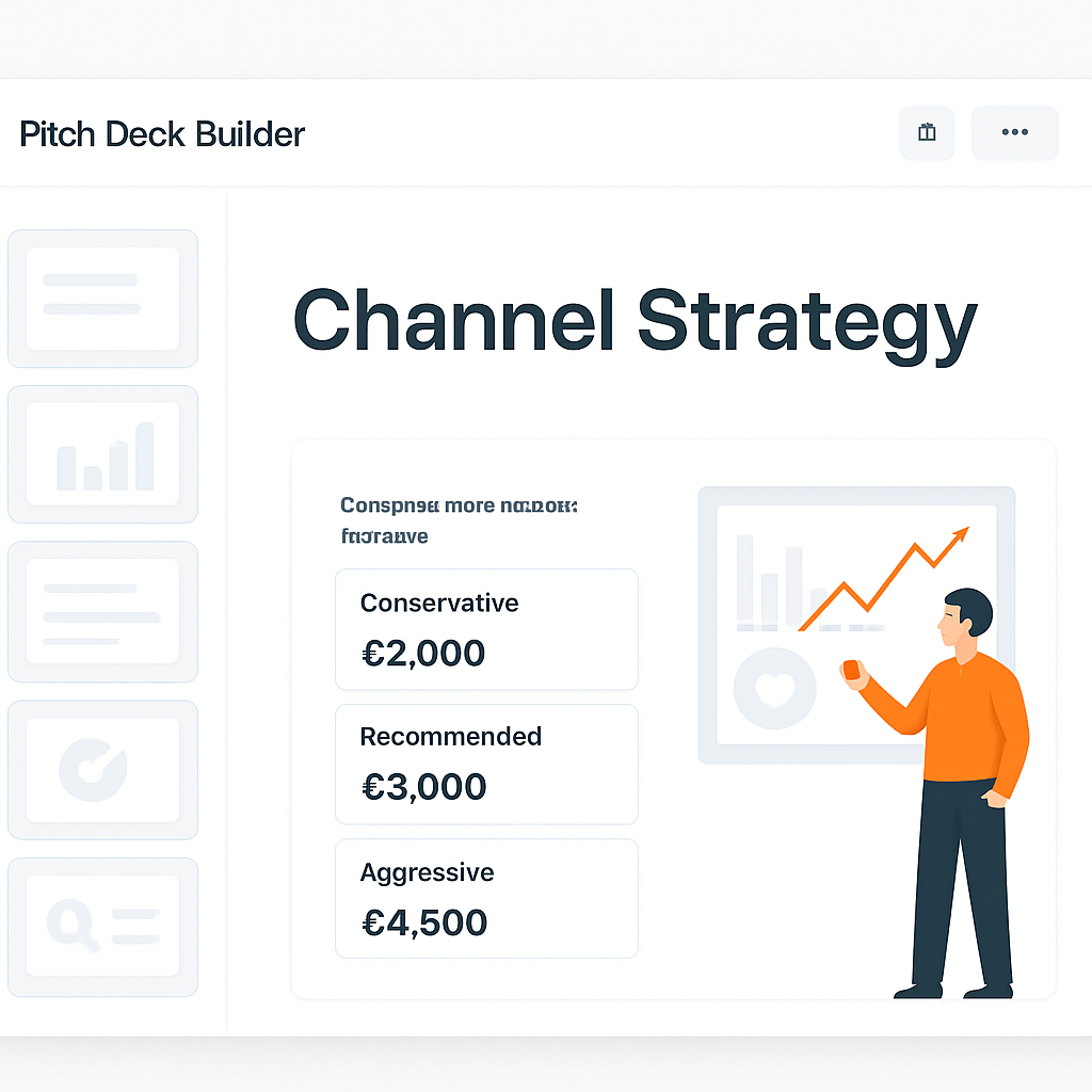 Säde pitch deck builder showing a campaign slide with channel strategy and budget